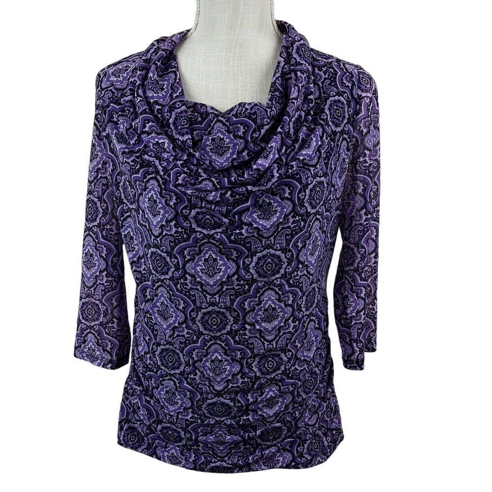 Dana Buchman‎ Womens Tunic Top Size S Purple Cowl Neck Printed Boho Office Chic